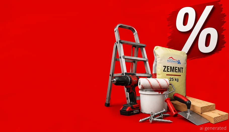 Bild mit Baumarktprodukten und %-Zeichen auf rotem Grund